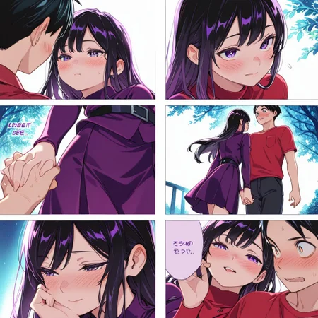 highres,ultra-detailed,illustration,colorful,masterpiece,extremely detailed,8k , manga art style , multiple panels , (1girl , black hair , violet dress , cute face ) , (1boy , black hair , red shirt) , holding hands , strolling in the park , blush , soft lighting , absurdes