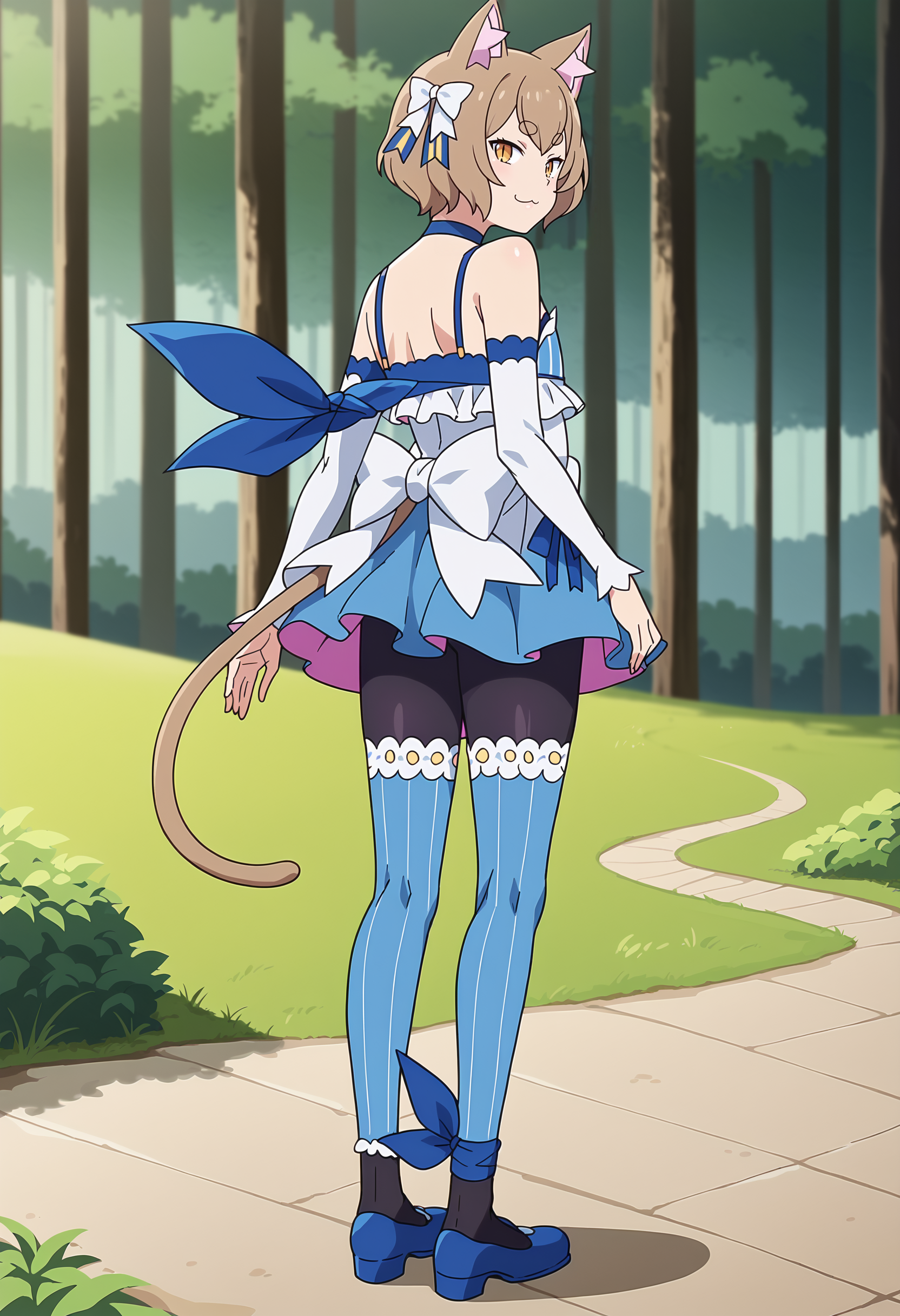score_9, score_8_up, score_7_up, BREAK,
 <lora:FelixXL-000001:1>,1boy,solo,animal ears, hair bow, cat ears, brown hair, short hair, bangs, sleeveless dress, brown eyes, white bow, blue choker, bare shoulders,thick eyebrows, detached sleeves, looking at viewer, dress bow, pendant, cat tail, black pantyhose, arm ribbon, standing, slit pupils, smug, eyelashes, :3, thighhighs over pantyhose, blue footwear, ankle ribbon, blue thighhighs, otoko no ko, 
standing, full body, from behind, looking back, 
outdoors, forest,
anime screencap,