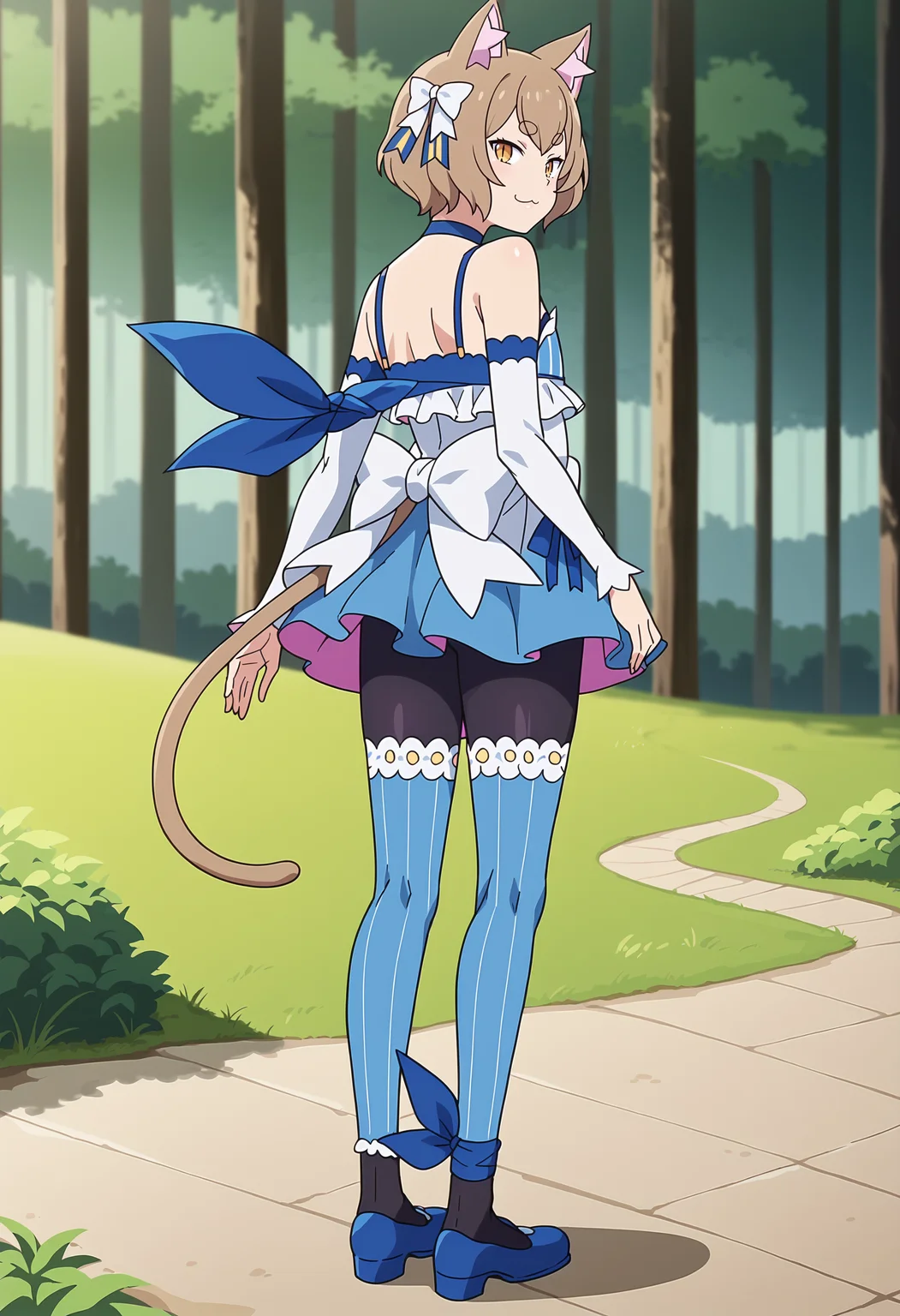 score_9, score_8_up, score_7_up, BREAK,
 <lora:FelixXL-000001:1>,1boy,solo,animal ears, hair bow, cat ears, brown hair, short hair, bangs, sleeveless dress, brown eyes, white bow, blue choker, bare shoulders,thick eyebrows, detached sleeves, looking at viewer, dress bow, pendant, cat tail, black pantyhose, arm ribbon, standing, slit pupils, smug, eyelashes, :3, thighhighs over pantyhose, blue footwear, ankle ribbon, blue thighhighs, otoko no ko, 
standing, full body, from behind, looking back, 
outdoors, forest,
anime screencap,