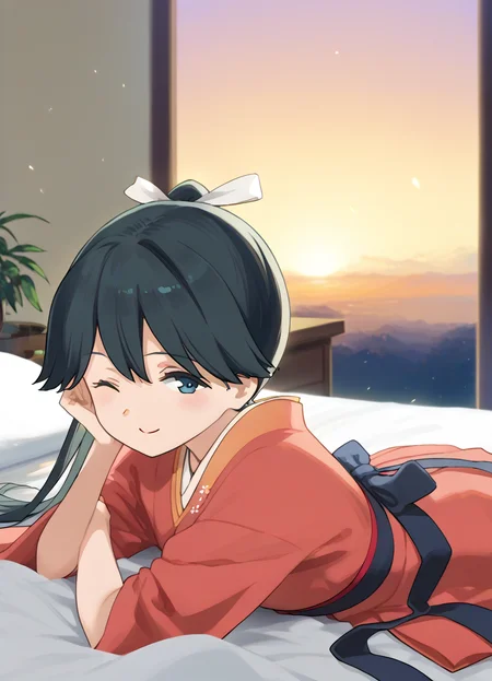 score_9, score_8_up, score_7_up, masterpiece, best quality, absurdres, official art, official style, (anime screencap, megami magazine:1.2), zPDXL2, zPDXLxxx, <lora:Shibafu_Style_Pony_v1:0.8>, 1girl, solo focus, shibafu_style, <lora:houshou.pony:0.8>, houshou, def, blue eyes, black hair, very long hair, side ponytail, hair ribbon, white ribbon, kimono, hakama, <lora:neg4all_bdsqlsz_xl_V91:1.0> <lora:ALTXL_pony_0061_8:2.0>, <lora:detailed_hands-000002:1>, hand, (nude:-1.2), (completely nude:-1.2), bedroom, on bed, bed sheet, evening, sunset, dim lighting, light particles, on stomach, from behind one eye closed, closed mouth, smile, looking at viewer,