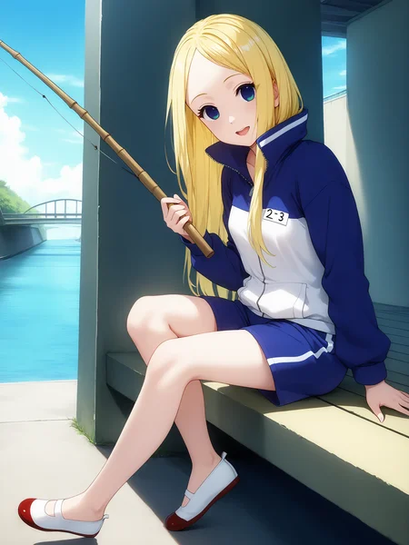 pixiv masterpiece, source_anime, score_9, score_8_up, score_7_up, score_6_up, absurd res, BREAK
<lora:Nino_arakawa_under_the_bridge_illu_v24-000017:1>, nino_arakawa_il, 1girl, solo, tracksuit, number_tag, blue_shorts, looking at viewer, full body, uwabaki_shoes,small breasts, open mouth, sitting, holding fishing rod, water, sunny day, (bridge:0.85),