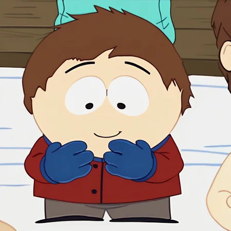 score_9, score_8_up, score_7_up BREAK ClydeSP, 1boy, short brown hair, black eyes, long-sleeved buttoned red shirt, blue collar, gray pants, black shoes, blue mittens, screenshot, official art, parody, anime footage, official design, screencap, anime screenshot, official screenshot, 2d, anime, source_anime, full body, solo, solo focus, smiling, relaxed, happy,