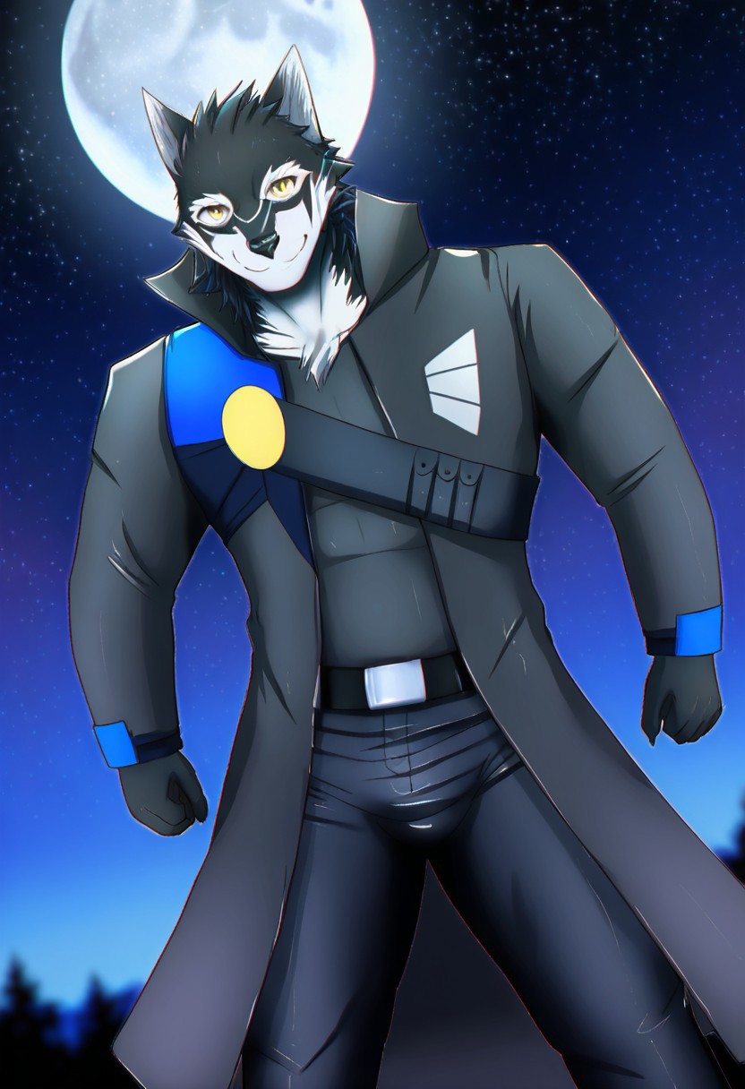 high quality, Masterpiece, best quality, amazing quality, chromatic aberration, detailed, intricate details, photorealism, photorealistic, dutch angle, depth of field, male, solo, furry male, looking at viewer, cowboy shot, draveyar_(fatal force), <lora:DraveyarFF_ILLXL-05:0.9>, wolf boy, black fur, short hair, two-tone fur, muscular, bara, athletic build, abs, yellow eyes, detailed background, outdoors, outside, nighttime, starry sky, full moon, glowing, coat, black pants, belt, posing, pose, hand on hip, smile
