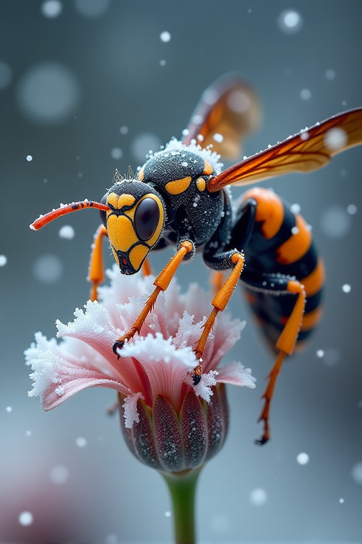 Capture a dramatic macro photograph of a giant Asian wasp perched on a frosty flower during a snowfall. The waspâs robust body is covered in a dusting of fine snowflakes and shimmering ice crystals, accentuating the rich orange and black patterns on its exoskeleton. Its powerful wings are partially frozen, catching the diffused, cool light and reflecting subtle highlights, while the textured details of its antennae and segmented legs gripping the icy flower are vividly rendered. Snowflakes are captured mid-air, some tumbling and others settled on the wasp and flower, adding a dynamic energy to the scene.
The frosty flower, with hints of its vibrant color peeking through a delicate layer of ice, provides an intricate backdrop, showcasing veins and textures illuminated by soft lighting. The background fades into blurred tones of muted whites and pale blues, evoking a calm and cold winter atmosphere. The lighting is natural and diffused, highlighting the frosty textures and creating subtle contrasts on the waspâs bold patterns. This composition emphasizes the waspâs formidable presence against the serene yet harsh beauty of a snow-covered environment, blending intricate detail with dramatic stillness.<lora:Sinfully_Stylish_.02_for_FLUX:1>âââ