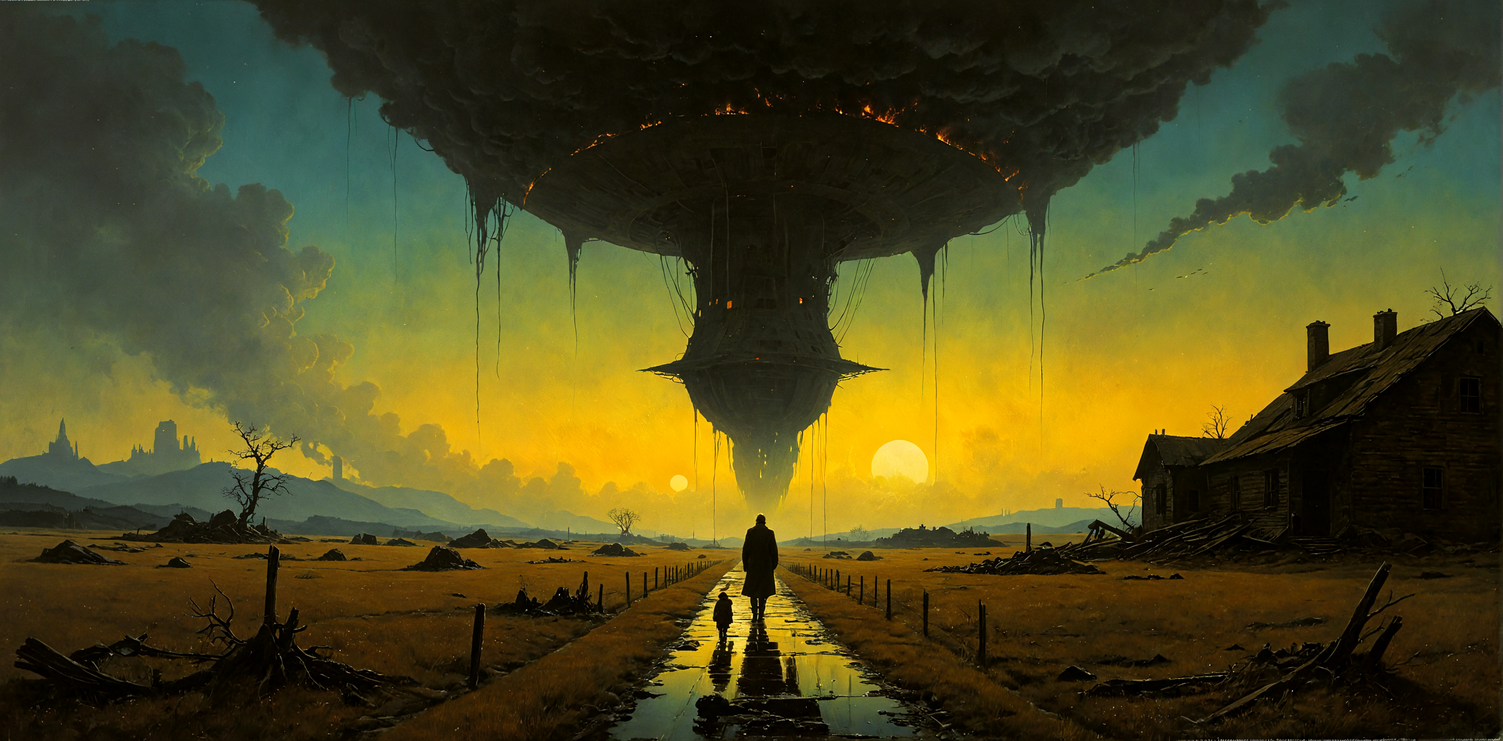 <lora:zavy-cntrst-sdxl:1.3> Panoramic shot, Envision a piece of art that combines the dark, gritty atmospheres of ZdzisÅaw BeksiÅski, Jeff Jones with the vibrant, dynamic styles of Simon Stalenhag, Norman Rockwell to create a sense of wonder and unease, inspired by the imaginative styles of Kinuko Y. Craft, Boris Vallejo and brought to life by the visionary styles of Andrew Wyeth, Ian McQue. <lora:add-detail-xl:1.5><lora:Consistency Corrector XL:0.4>