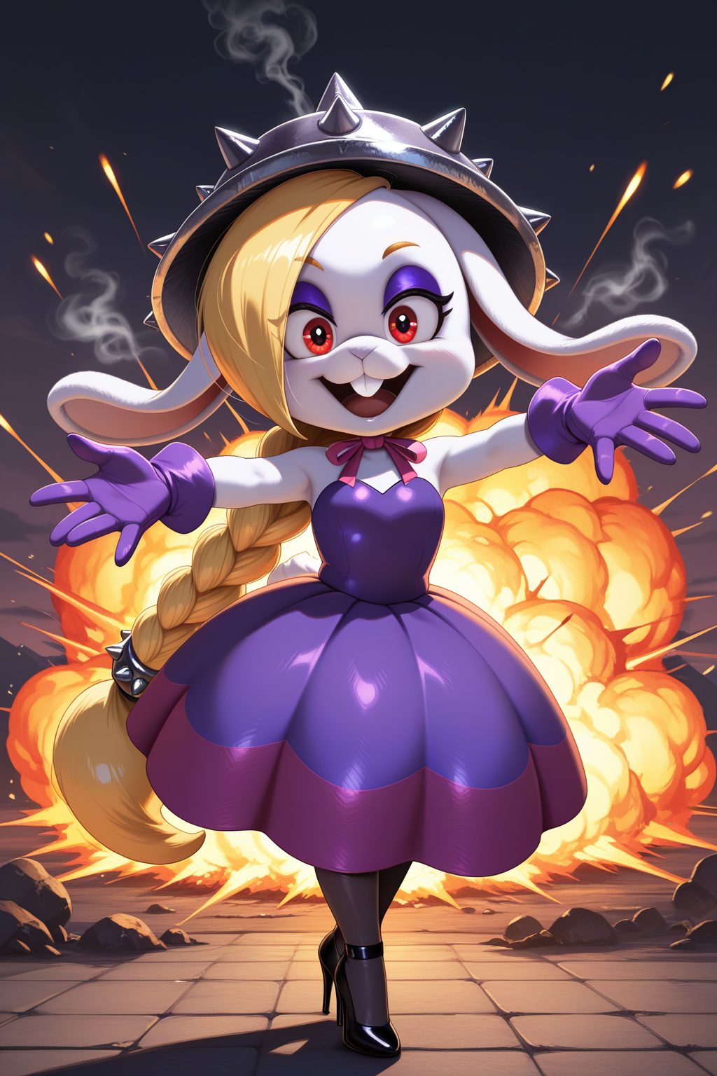 masterpiece, best quality, amazing quality, absurdres, mariohariet, blonde hair, single braid,  white skin, furry female, rabbit girl, solo, smile, open mouth, confident, outstretched arms, looking at viewer, spiked helmet, purple dress, purple gloves, black stiletto heels, outdoors, intense atmosphere, stylized,  explosion, fire, sparks, steam, smoke