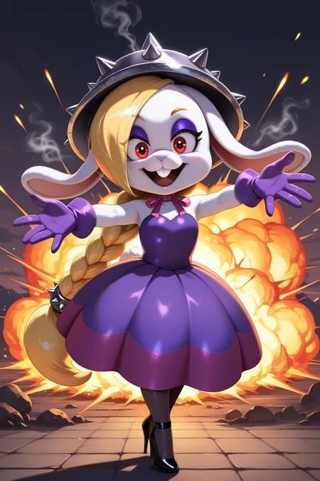 masterpiece, best quality, amazing quality, absurdres, mariohariet, blonde hair, single braid,  white skin, furry female, rabbit girl, solo, smile, open mouth, confident, outstretched arms, looking at viewer, spiked helmet, purple dress, purple gloves, black stiletto heels, outdoors, intense atmosphere, stylized,  explosion, fire, sparks, steam, smoke