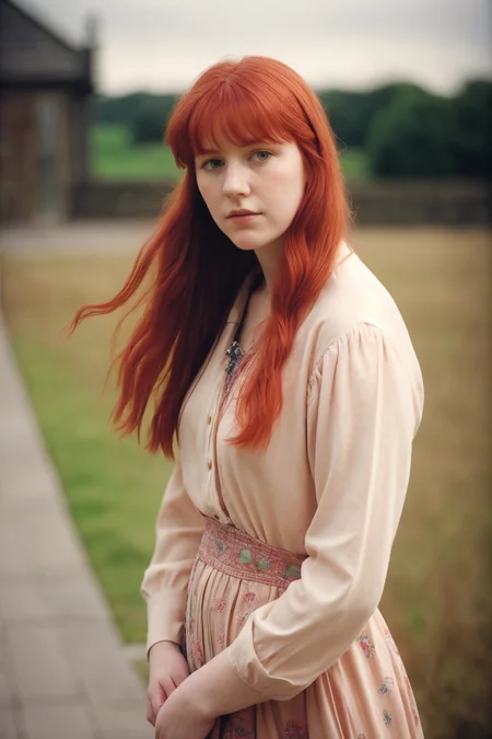 art by Margaret Macdonald Mackintosh, photograph, Female, Hands in Pockets, Red hair styled as Tousled, soft focus, Ultrarealistic, Hopeless, film grain, dslr, Depth of field 270mm, Swirling Peach