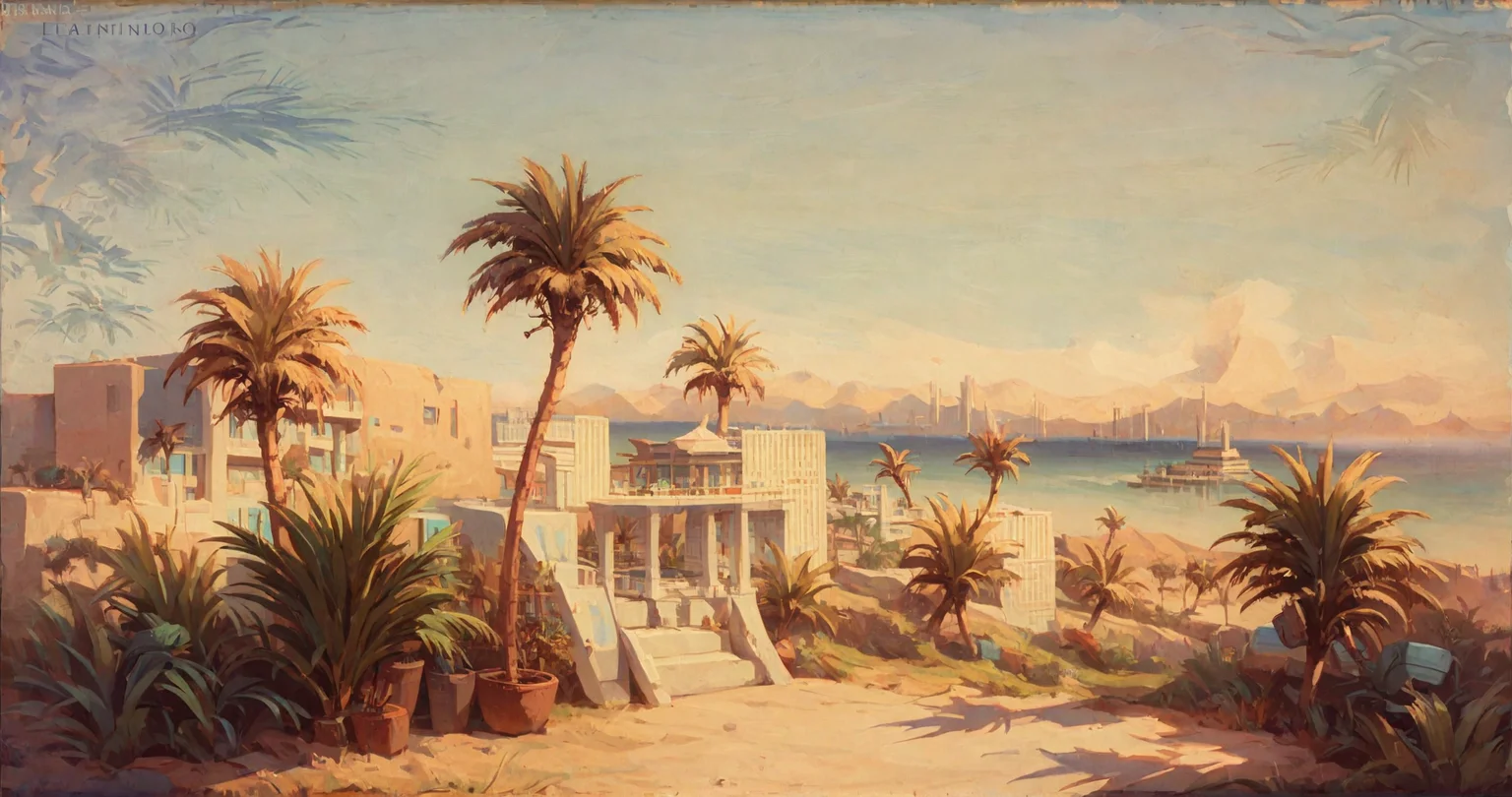 <lora:nathaniel-hone-the-younger_pony_v1:1.1> 'palm trees' by nathaniel hone the younger in 1890, landscape \(genre\), impressionism, orientalism \(style\), outdoors, tree, no humans, general, score_9, score_6_up, score_7_up
