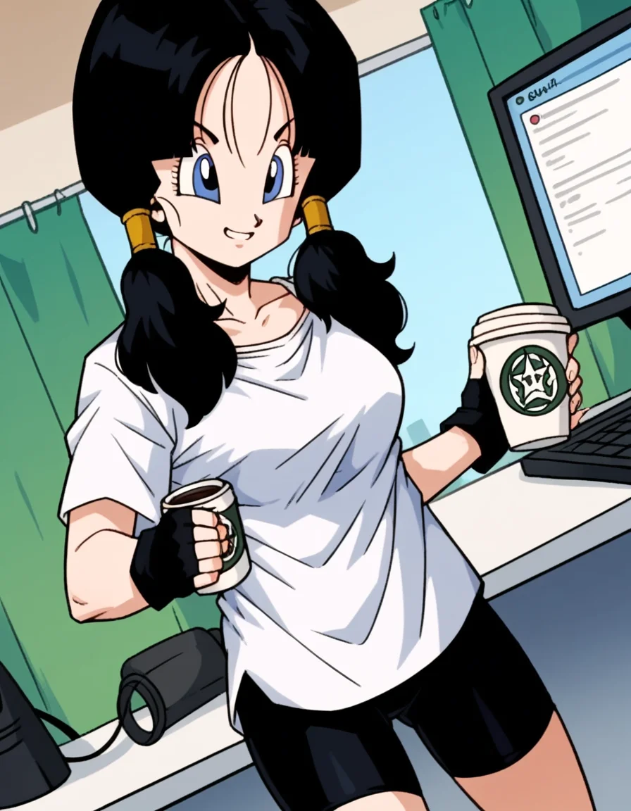 score_9, score_8_up, score_7_up, source_anime, <lora:dbz-videl-anime-ponyxl-lora-nochekaiser:1>, videl, black hair, blue eyes, eyelashes, parted bangs, twintails, medium breasts,, bike shorts, black gloves, black legwear, collarbone, fingerless gloves, gloves, shirt, short sleeves, white shirt,, home office, working from home, computer screen, coffee cup, focus, deadline, smile, looking at viewer, solo,, cowboy shot, dutch angle