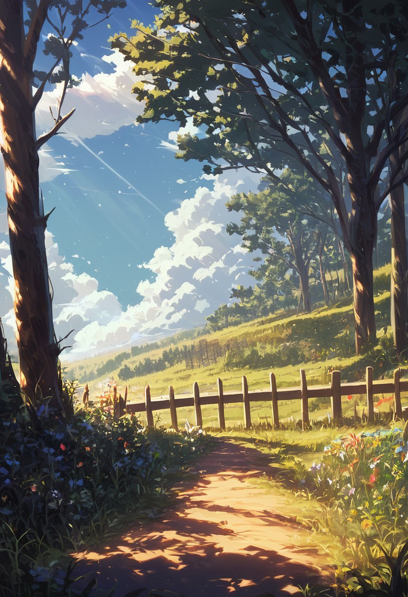 score_9, score_8_up, score_8, "paint1ng", "etherea1", "masterpiece", no humans, scenery, outdoors, tree, grass, sky, day, fence, sunlight, blue sky, cloud, flower, shadow, plant, shade, painted, no humans, scenery, outdoors, tree, grass, sky, day, fence, sunlight, blue sky, cloud, flower, shadow, plant, shade
