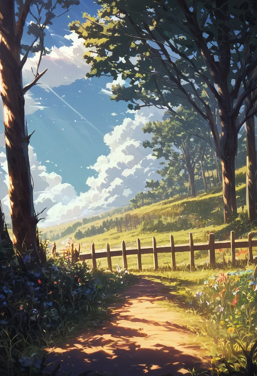 score_9, score_8_up, score_8, "paint1ng", "etherea1", "masterpiece", no humans, scenery, outdoors, tree, grass, sky, day, fence, sunlight, blue sky, cloud, flower, shadow, plant, shade, painted, no humans, scenery, outdoors, tree, grass, sky, day, fence, sunlight, blue sky, cloud, flower, shadow, plant, shade