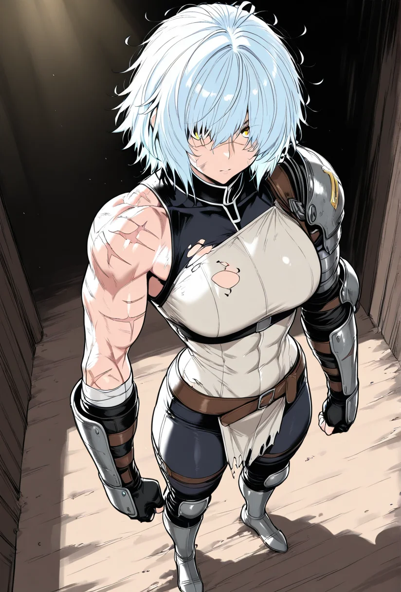 (masterpiece, best quality, ultra-detailed:1.4),
solo,1girl, (light blue hair:1.3), short messy hair, bangs,
(yellow eyes:1.5), (battle-worn expression:1.3), (scar over one eye:1.5), (intimidating aura:1.3),
(hair covering one eye:1.5), (bangs covering left eye:1.4), (left eye obscured by hair:1.4), (hair over eye:1.3),
(battle-hardened:1.4), (war veteran:1.3), (many scars:1.3), (visible wounds:1.2), (weathered face:1.2), (dirt and grime:1.2),
(toned arms:0.6), (muscle tension visible:0.3), (slim but athletic build:1.1), (strong female warrior:1.1),
(full body:1.3)ม
(dynamic lighting:1.3), (gritty, rough textures:1.2), light armor, medieval cloth,
looking at viewer, (hair slightly messy:1.2),
fullbody, (torn and worn-out fighter outfit:1.2),
<lora:VioletV2:1>