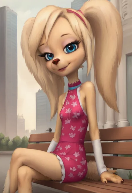 score_9, score_8_up, score_7_up, highly detailed fur, score_6_up, 1girl, hi_res, dog girl, detailed face, highly detailed, one tail, canine anthro, Cartoon, detailed background, slim, small breasts, big eyes, 4fingers, 4k, ultra detailed, focus eyes, long dog legs, beautiful legs, twintail hair, city park, outdoors, fluffy, break.
seductive smile, sitting on bench, dress, crossed legs, looking at viewer, 3/4 side view, upper view