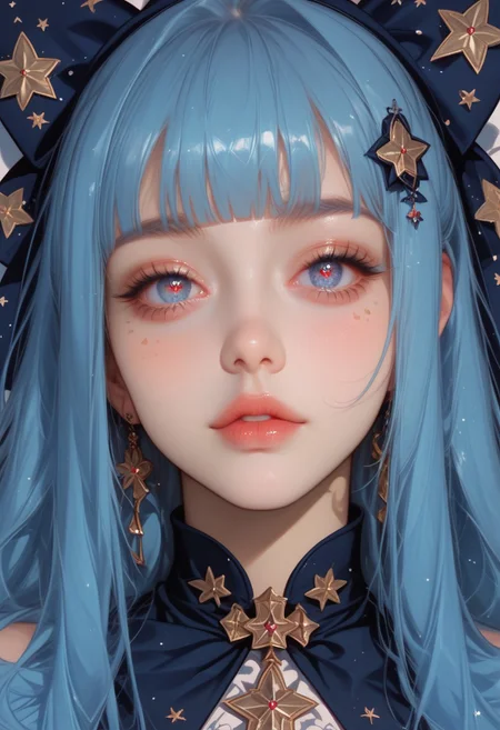 Expressiveh, morimee_style, jsyu_style, 2025. 04,
(1girl, solo), masterpiece, best quality, amazing quality, Perfect details long hair, blue eyes, blue hair, multicolored eyes, looking at viewer, blush, parted lips, hair ornament, bow, jewelry, hair bow, earrings, blunt bangs, star \(symbol\), star-shaped pupils, symbol in eye, star in eye, close-up, portrait, eye focus, Colorful themes, High Saturation, haiz_ai, no lineart, no outline