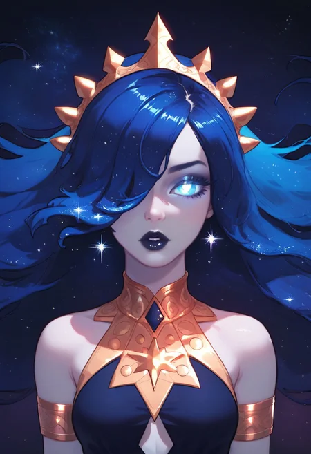 score_9,score_8_up,score_7_up, 1girl, white pale skin, galaxy hair, straight hair, hair covering one eye, glowing eyes, eyeshadow, dark blue lips. goddess of night, wearing intricate gold crown, baggy galaxy tunic, hips cutout, sleeveless, armlets, intricate gold ornaments, dark galaxy background