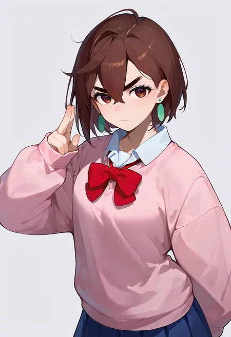 score_9, score_8_up, score_7_up, kuji-in, (serious:0.6), simple background,
4y453, 1girl, brown hair, earrings, brown eyes, hair between eyes, short hair, thick eyebrows,
sch007, pink sweater, baggy clothes, white colared shirt, red bow tie, blue skirt, pleated skirt, school uniform,
<lora:P-AyaseMomo:0.7>
<lora:kuji-in_1_pony_d32:1>