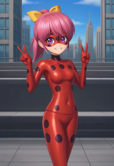 1girl, solo, rinmarineatoz, pink hair, ponytail, hair bow, yellow bow, purple eyes, oft_ldybg, domino mask, red polka dot bodysuit, outdoors, cityscape, v, peace, standing, cowboy shot, smile, grin,