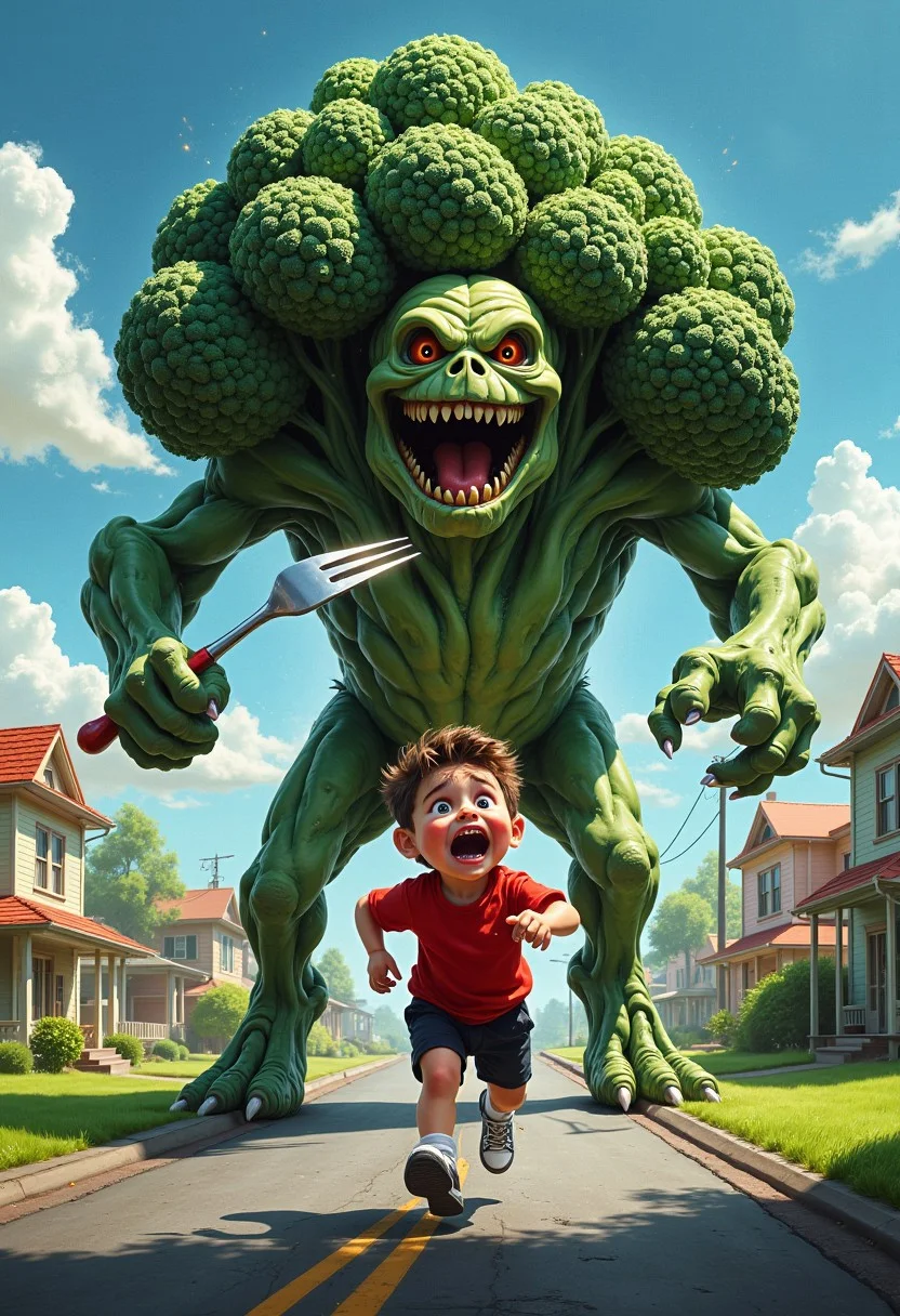 **Prompt:** A **massive, hyper-detailed broccoli monster**, its textured green florets towering above, looms menacingly over the scene. The monster’s **glowing, piercing eyes** radiate fury, its skull-like face twisted in a fierce expression. In one hand, it clutches a **gleaming silver fork**, sharp and ready,
In front of it, a **chubby, terrified boy** sprints for his life. His **mouth hangs wide open**, a scream frozen on his face, while **rosy cheeks**, tear-streaked eyes, and flailing arms emphasize his panic. He wears a **bright red T-shirt**, **black sports shorts**, and a pair of **white-and-red sneakers**, their laces trailing loosely as he stumbles across a cartoonishly detailed, slightly cracked asphalt road.
The setting is a surreal suburban street, with **vivid green lawns** and pastel-colored houses in the background, their cheerful atmosphere contrasting hilariously with the chaos. The image captures **motion and emotion**—the monster’s outstretched clawed feet, the boy’s frantic stride, and even **spittle flying from his open mouth**. The overall tone is **funny, absurd, and highly detailed**, with rich, vibrant colors and realistic textures that bring the whimsical terror to life.