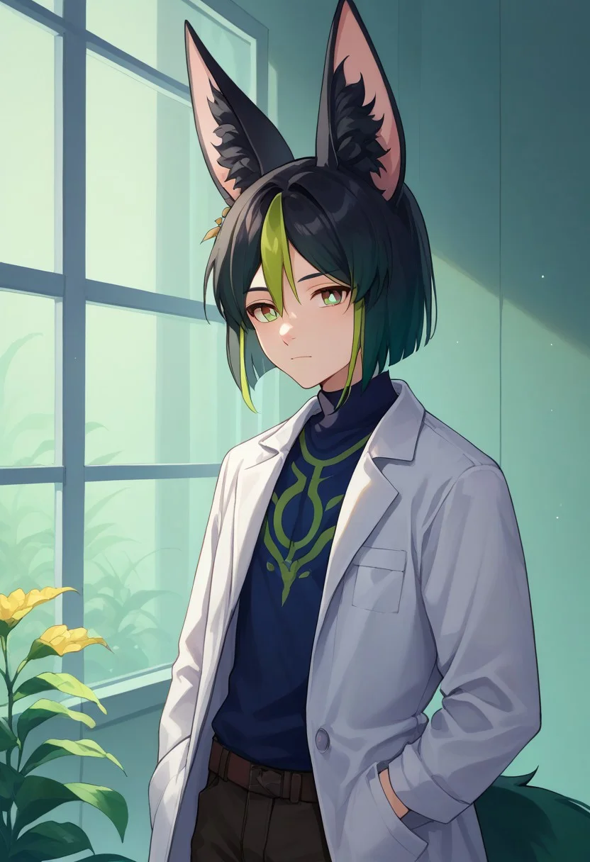 score_9, score_8_up, score_7_up, source_anime, highly detailed,
Tighnari, 1boy, male focus, solo, fox boy, animal ears, animal ear fluff, fox ears, fox tail, multicolored hair, streaked hair, blunt ends, hair between eyes, black hair, green hair, bangs, green eyes,
pants, upper body,
indoor, lab coat,