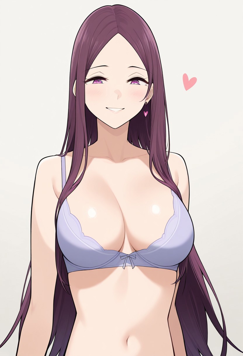 score_9, score_8_up, score_7_up, source_anime,(extremely detailed CG), (best quality), 
1girl, purple hair, long hair, jewelry, earrings, purple eyes, jewelry, earrings, smile, solo, meme, portrait, heart, simple background, yukina,bra, breasts,navel,