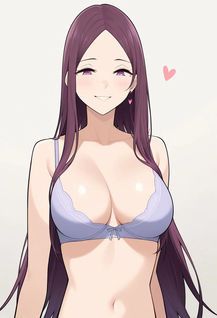 score_9, score_8_up, score_7_up, source_anime,(extremely detailed CG), (best quality),
1girl, purple hair, long hair, jewelry, earrings, purple eyes, jewelry, earrings, smile, solo, meme, portrait, heart, simple background, yukina,bra, breasts,navel,