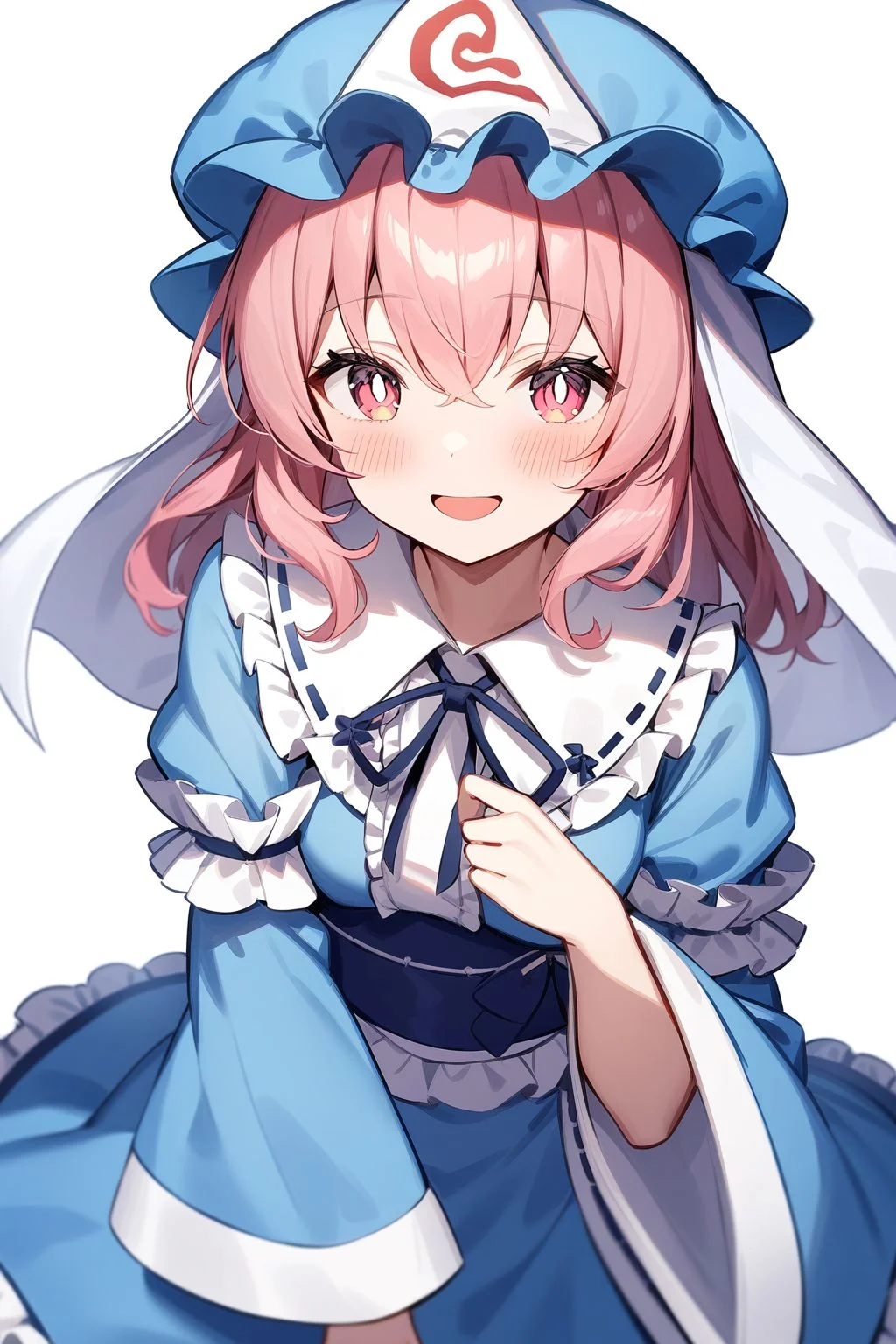 <lora:saigyouji_yuyuko XL:1>,, saigyouji yuyuko, 1girl, solo, hat, mob cap, triangular headpiece, white background, simple background, blue headwear, japanese clothes, kimono, blue kimono, long sleeves, frills, wide sleeves, open mouth, bright pupils, white pupils, blush, frilled kimono, smile, looking at viewer, sleeve garter, masterpiece,best quality,very aesthetic,absurdres