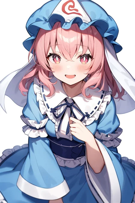 <lora:saigyouji_yuyuko XL:1>,, saigyouji yuyuko, 1girl, solo, hat, mob cap, triangular headpiece, white background, simple background, blue headwear, japanese clothes, kimono, blue kimono, long sleeves, frills, wide sleeves, open mouth, bright pupils, white pupils, blush, frilled kimono, smile, looking at viewer, sleeve garter, masterpiece,best quality,very aesthetic,absurdres