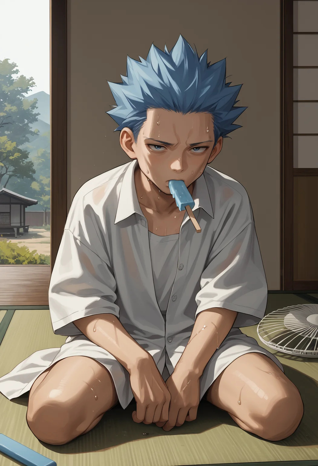 score_9, score_8_up,score_7_up, source_anime, 1boy, solo, akagi,
short hair, blue hair, blue eyes, no eyebrows,
white shirt, shirt only, buttoned shirt, collarbone, oversized clothes, oversized shirt, sweating, sweat, tired, sitting, wariza, legs apart, kneeling, eating, popsicle, electric fan, wind, indoors, eastern architecture, tatami,
<lora:cyrs_pdxl_EliPot:1>