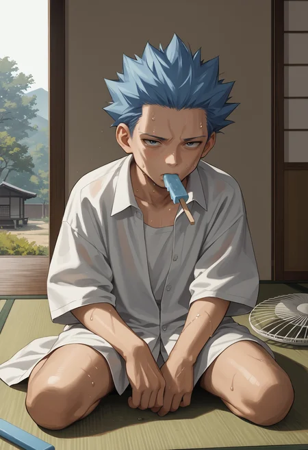 score_9, score_8_up,score_7_up, source_anime, 1boy, solo, akagi,
short hair, blue hair, blue eyes, no eyebrows,
white shirt, shirt only, buttoned shirt, collarbone, oversized clothes, oversized shirt, sweating, sweat, tired, sitting, wariza, legs apart, kneeling, eating, popsicle, electric fan, wind, indoors, eastern architecture, tatami,
<lora:cyrs_pdxl_EliPot:1>
