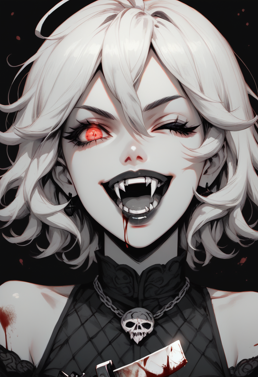score_9, score_8_up, score_7_up, Goth girl, goth girl 1girl, 1girl,solo,looking at viewer,short hair, white hair, simple background,red eyes,maniac smile, open mouth, teeth, fangs, one eye closed, glowing eyes, (monochrome),lips,blood, black background,knife, holding a knife,spot color, bare shoulders,  <lora:Goth_girl_XL-v2:0.8>,  <lora:[GP] somethingweird [Pony XL]:0.2>, <lora:g0th1cPXL:0.3>, <lora:Concept Art Twilight Style SDXL_LoRA_Pony Diffusion V6 XL:0.8>,