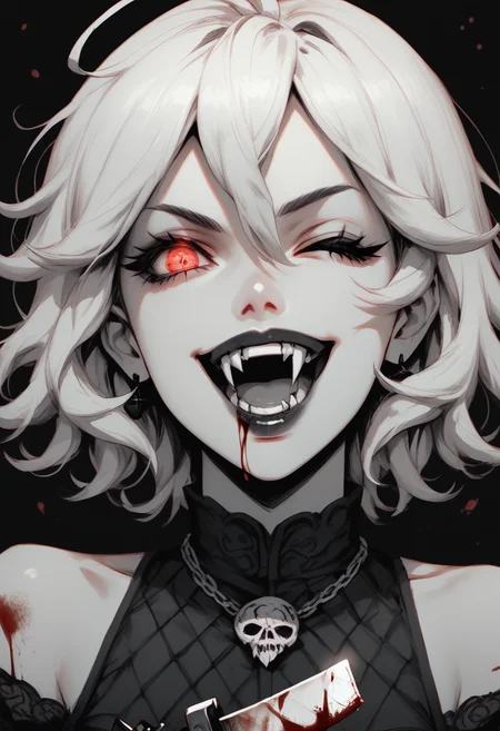 score_9, score_8_up, score_7_up, Goth girl, goth girl 1girl, 1girl,solo,looking at viewer,short hair, white hair, simple background,red eyes,maniac smile, open mouth, teeth, fangs, one eye closed, glowing eyes, (monochrome),lips,blood, black background,knife, holding a knife,spot color, bare shoulders,  <lora:Goth_girl_XL-v2:0.8>,  <lora:[GP] somethingweird [Pony XL]:0.2>, <lora:g0th1cPXL:0.3>, <lora:Concept Art Twilight Style SDXL_LoRA_Pony Diffusion V6 XL:0.8>,