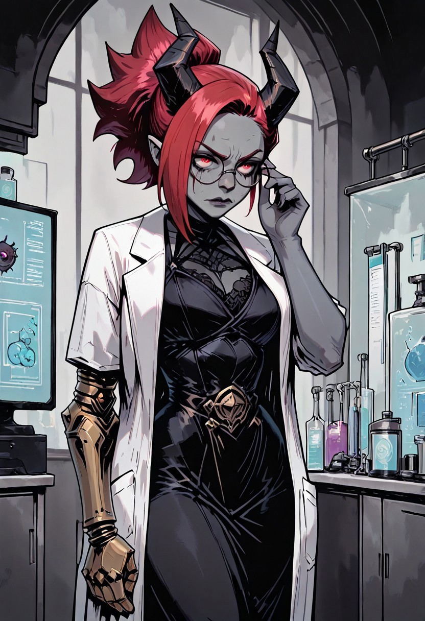 masterpiece, best quality, newest, absurdres, highres, TTCSV1.0, 1girl, SOPHV2.0, demon girl, grey skin, colored skin, glasses, round eyewear, prosthetic arm, prosthesis, lab coat, dress, black dress, open coat, red hair, horns, black horns,

