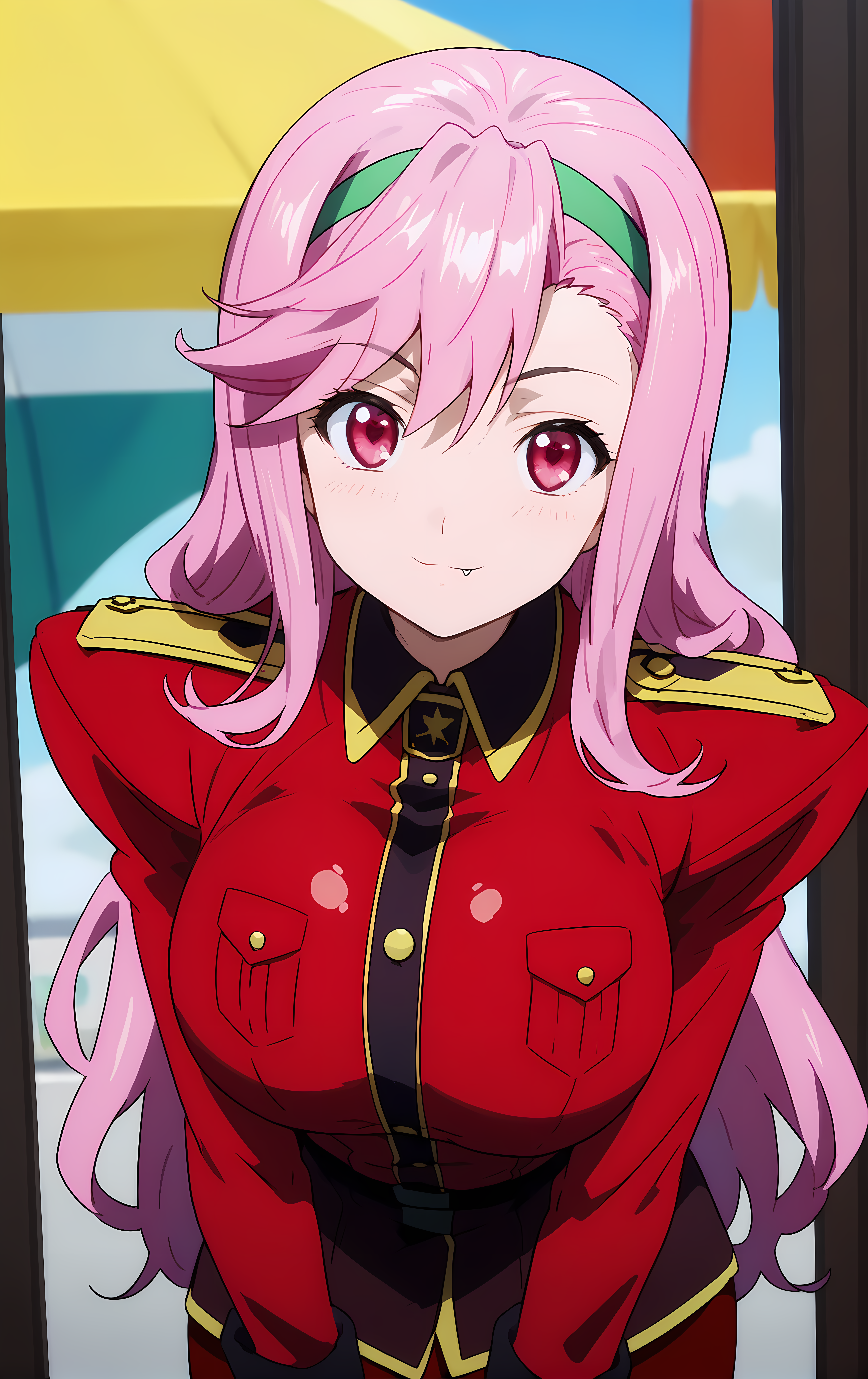 (score_9, score_8_up, score_7_up), standing, leaning forward, looking at viewer, light smile, closed mouth, shiny skin, tight clothes,
ohwx, 1girl, solo, pink_hair, long_hair, hairband, pink_eyes, red eyes, heart, fang, fang_out, breasts, large_breasts,
uniform, military_uniform, military, skirt,
orchard,
cowboy shot, dutch angle, close-up,
 <lora:shiria_ootsuka_pony_ss:1>
