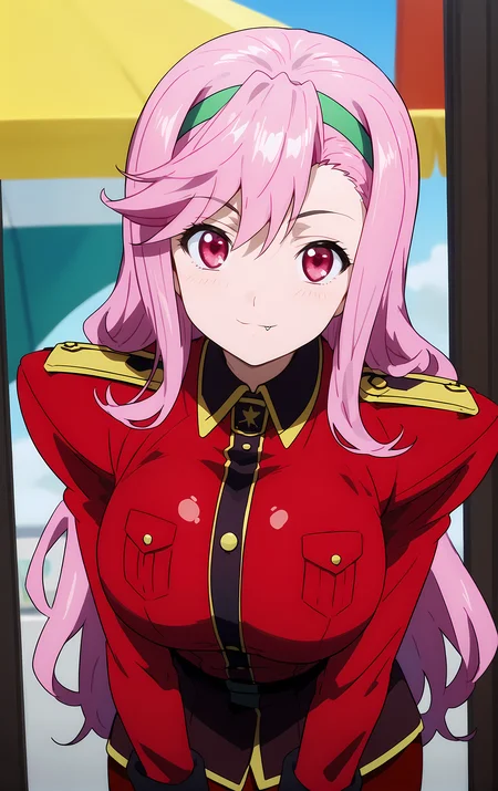 (score_9, score_8_up, score_7_up), standing, leaning forward, looking at viewer, light smile, closed mouth, shiny skin, tight clothes,
ohwx, 1girl, solo, pink_hair, long_hair, hairband, pink_eyes, red eyes, heart, fang, fang_out, breasts, large_breasts,
uniform, military_uniform, military, skirt,
orchard,
cowboy shot, dutch angle, close-up,
<lora:shiria_ootsuka_pony_ss:1>