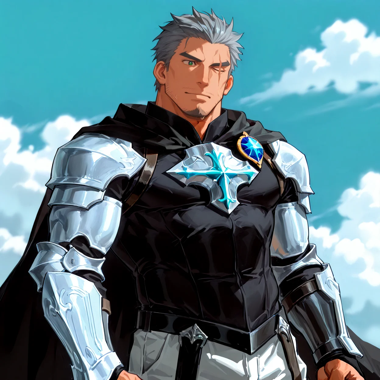 <lora:Kubard__Arslan_Senki:1>, (Kubard, Gray hair, green eyes, Left eye scar, (left eye closed), stubble, goatee, Black cape, badge, arm armor,)
cowboy shot,
(very short hair, beard, bara, mature, facial hair, stubble, beard, full beard, sideburn, beard, a lot of beard, ), facial hair,male focus, muscular male, muscular male, bara, mature, bara, mature, aixiwuganda_(20222192), very awa, masterpiece, best quality, absurdres, newest, perfect quality, detailed background, intricate details,
<lora:slider_Body Type_alpha1.0_rank4_noxattn_last:3><lora:Anime Summer Days 2 Style SDXL_LoRA_Pony Diffusion V6 XL:.6><lora:slider_cfg_scale_boost:.7><lora:Artist6p:.55>, Artist6p, Artist04p,<lora:slider_il_brightness_slider_d1:-1><lora:slider_il_contrast_slider_d1:-1><lora:slider_DarkSlider1.2_alpha1.0_rank16_full_300steps:-.6><lora:slider_contract_controller_illus01_v1:.5>,