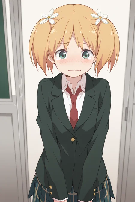 masterpiece, best quality, amazing quality,
<lora:Yuu_IL:1> yuu, 1girl, hair flower, hair ornament, flower, solo, school uniform, twintails, blonde hair, necktie, skirt, tears, blazer, wavy mouth, green eyes, jacket