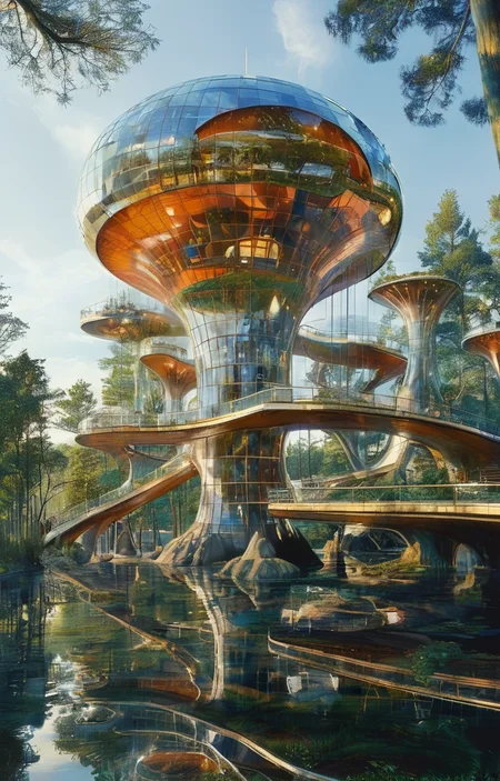masterpiece,best quality,<lora:tbh304-sdxl:0.9>,illustration,designed by Norman Foster Whimsical treehouse complex in a lush forest, channeling the spirit of Antoni Gaudí