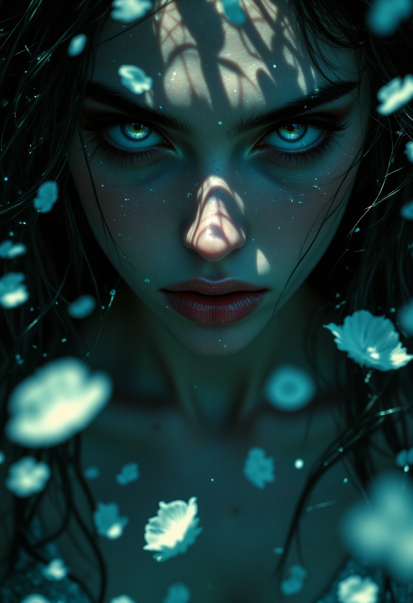 surrealism, portrait, woman falling into shadow, fish eye lens, lens warping, distortion, bokeh, dark soothing atmosphere, epic, cinematic, vortex of floating petal leaves
