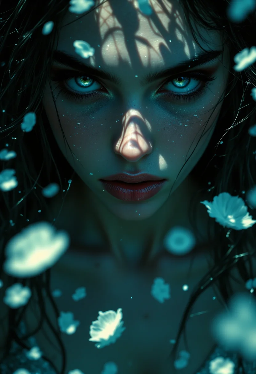surrealism, portrait, woman falling into shadow, fish eye lens, lens warping, distortion, bokeh, dark soothing atmosphere, epic, cinematic, vortex of floating petal leaves