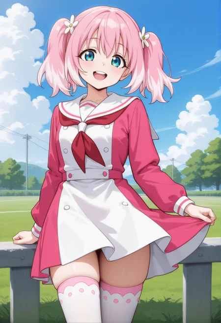 <lora:Nana (Talentless Nana)_illustrious-000028:1>,masterpiece,best quality,(amazing quality),very aesthetic,absurdres,newest,huge filesize,
Nana_\(Talentless Nana\),solo,multicolored hair,pink hair,twintails,hair flower,pink dress,sailor collar,red neckerchief,smile,white thighhighs,cowboy_shot,looking_at_viewer,upper teeth only,outdoors,sky,white clouds