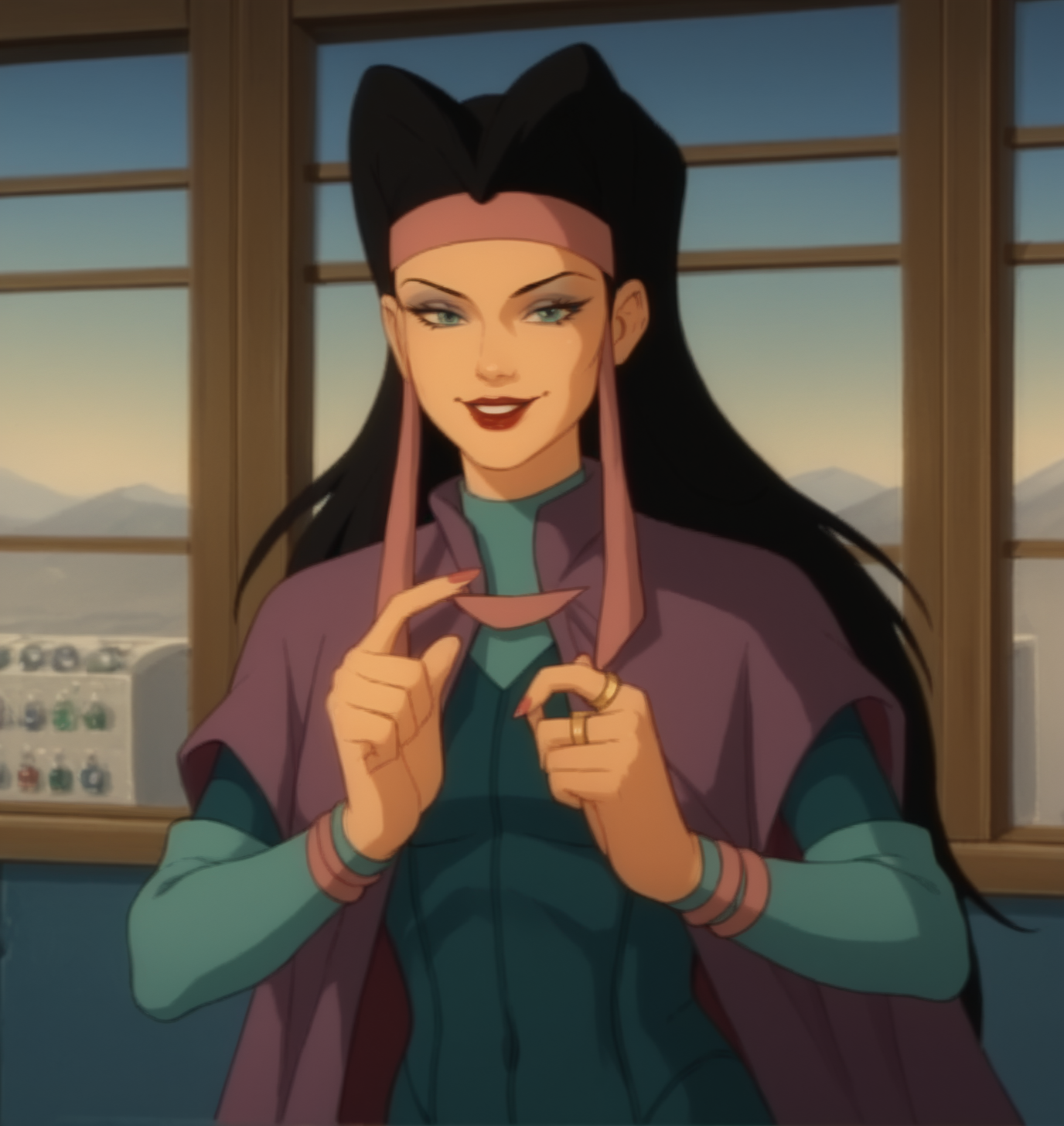 score_9, score_8_up, score_7_up, score_6_up, Detailed Background, BREAK
 <lora:Shreeka_TMNT_for_PonyXL:0.7>, shreeka, long hair, 1girl, black hair, cape, bodysuit, headband, lipstick, makeup, BREAK
jewlery store, rings on each finger, smile, too many rings, 26 rings on each finger,