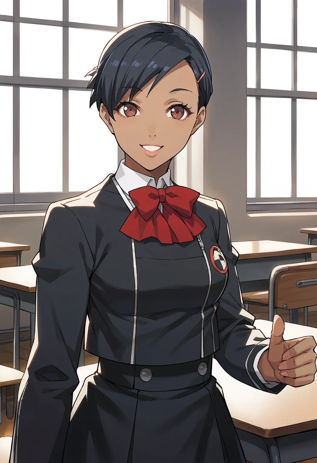 score_9, score_8_up, score_7_up, score_6_up, score_5_up, score_4_up, source_anime
(masterwork, masterpiece, best quality, hyper-detailed :1.3),
1 girl, solo, cute face,
p3yuko, short hair, black hair, hairclip, pink hairclip, hair ornament, brown eyes, dark skin, dark skinned female, tanned, lips
p3yuko-winter, gekkoukan high school uniform, jacket, black jacket, long sleeves, skirt, black skirt, bow, bowtie, red bowtie
classroom, looking at viewer, standing, cowboy shot, smile, from behind, looking back,
