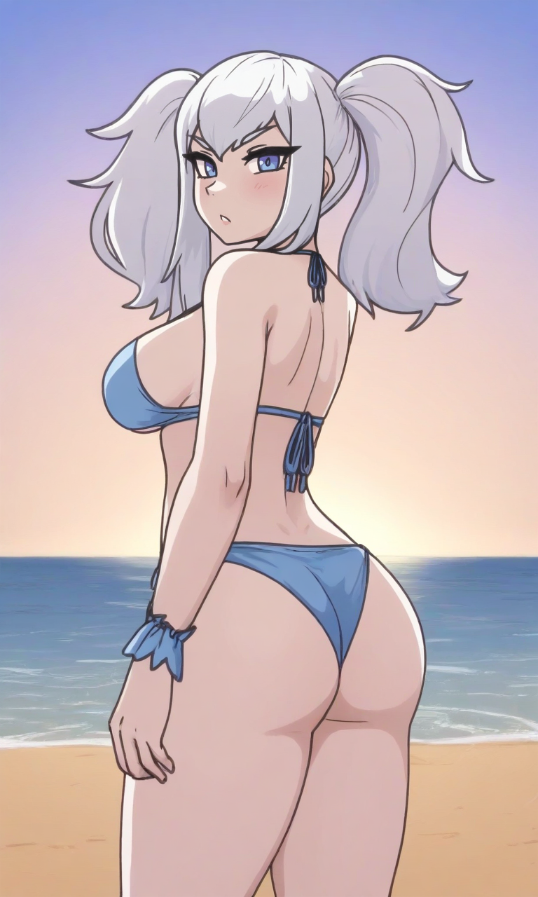 masterpiece, best quality, high resolution, absurdres, 1girl, derpixonstyle, bikini, twintails, white_hair, looking_at_viewer, ass, beach, outdoors, water, from_below