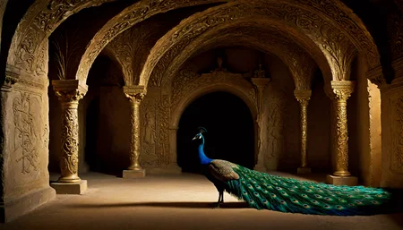 cave interior, meticulous craftsmanship, low quality photo, intricate design elements, peacock feathers, labyrinthine composition, anthrocanyne, ornate gilding details, the character is immersed in a richly detailed backdrop resembling a labyrinthine cave system, intricate gilded designs interspersed throughout, artist inspiration edmund tarbell