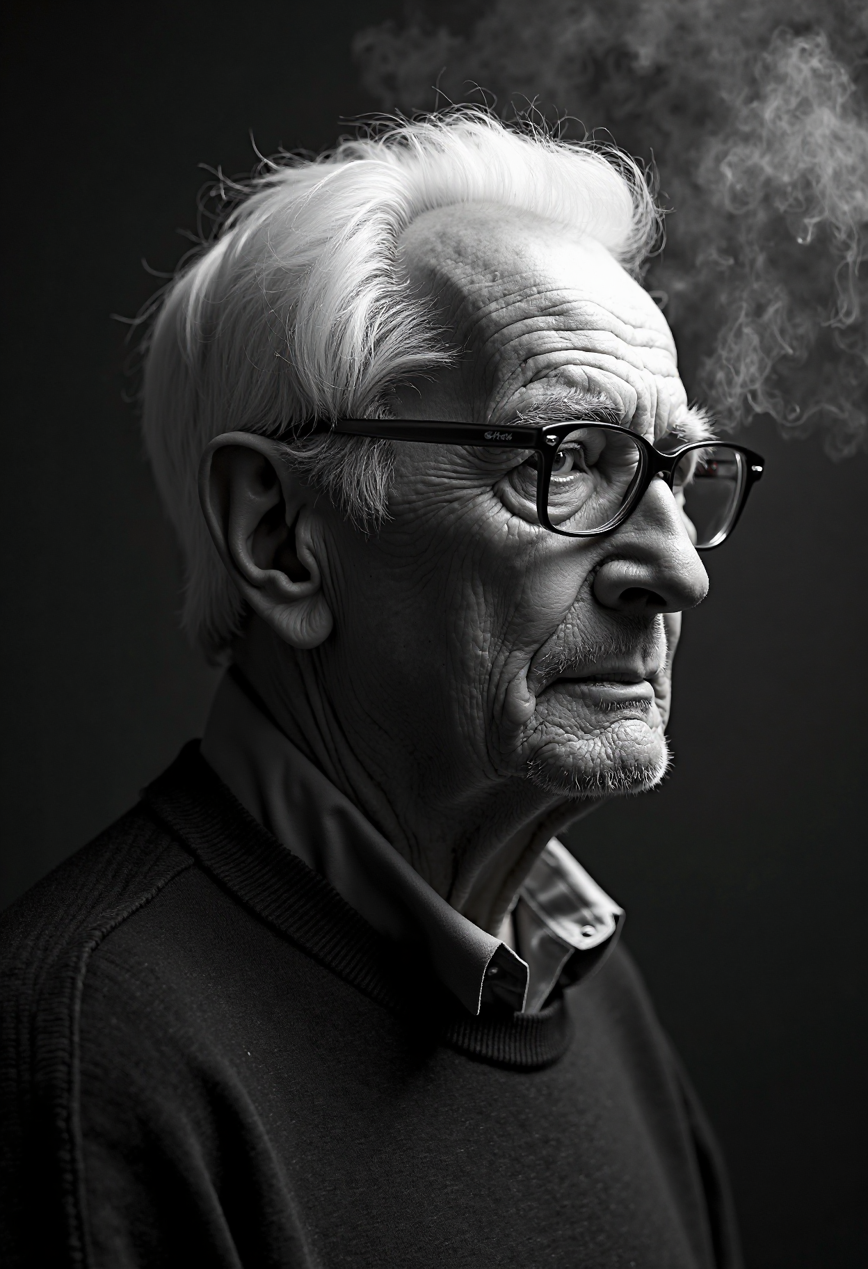 A highly detailed, black-and-white, silhouette, closeup, professional photo portrait of a old man with wrinkles and white hair. He has tanned skin and sad eyes framed by big glasses. His hair is short and white. He wears an elegant sweater. The background is pitch black, with smoke behind the woman, creating a dramatic contrast with hia tanned skin and white hair, drawing the viewerâs focus entirely onto her. The lighting, hitting only one side of his face, is hard in chiaroscuro style, giving depth to her features and an air of mystery. The overall style blends gothic and fantasy influences, with a strong emphasis on realism and a refined sense of elegance and enigma.