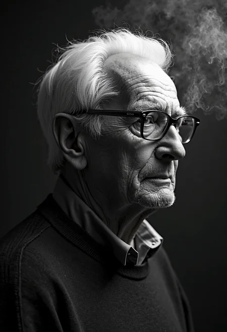A highly detailed, black-and-white, silhouette, closeup, professional photo portrait of a old man with wrinkles and white hair. He has tanned skin and sad eyes framed by big glasses. His hair is short and white. He wears an elegant sweater. The background is pitch black, with smoke behind the woman, creating a dramatic contrast with hia tanned skin and white hair, drawing the viewerâs focus entirely onto her. The lighting, hitting only one side of his face, is hard in chiaroscuro style, giving depth to her features and an air of mystery. The overall style blends gothic and fantasy influences, with a strong emphasis on realism and a refined sense of elegance and enigma.