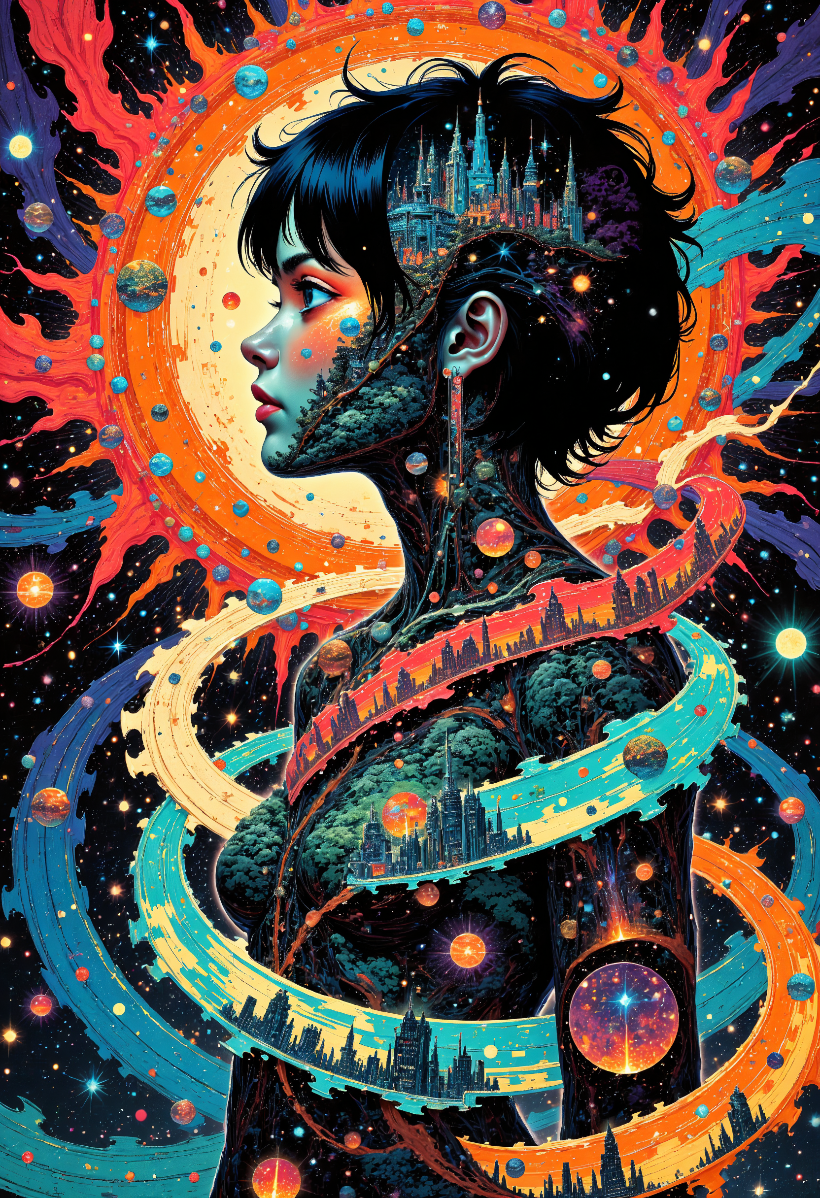 (in Otomo Katsuhiro style:1.2), masterpiece, high-quality, A time traveler with swirling bands of light circling her body, each representing different eras casting shifting shadows of various ancient and futuristic architectures onto her, She holds a small rotating hourglass filled with stars as if containing entire galaxies, The background is an abstract vortex of time and space, era fusion, cosmic hourglass, temporal glow, Stylized anime with intricate time effects and cosmic motifs, (elaborate fine details:1.1), (hyperdetailed:1.1), (intricate details:1.0), (Refined details:1.1), (best quality:1.1), (high resolution:1.2),