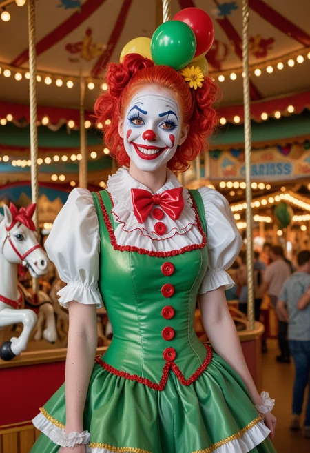 (medium full shot) of  (sexy clown) young woman, red plastic nose, white face paint, spiked hair,  wearing a green  clown vest with big buttons,balloon pants,oversized clown shoes, squirting flower, big red smile, set in  Carousel Pavilion, Ornate pavilion housing a majestic carousel adorned with painted horses, twinkling fairy lights casting a magical glow, wooden benches for spectators to watch the spinning spectacle, a concession stand selling ice cream and soda, a vintage organ playing whimsical tunes, woman smiling at the viewer, Masterpiece,best quality, photo, realistic, very aesthetic, detailed face,