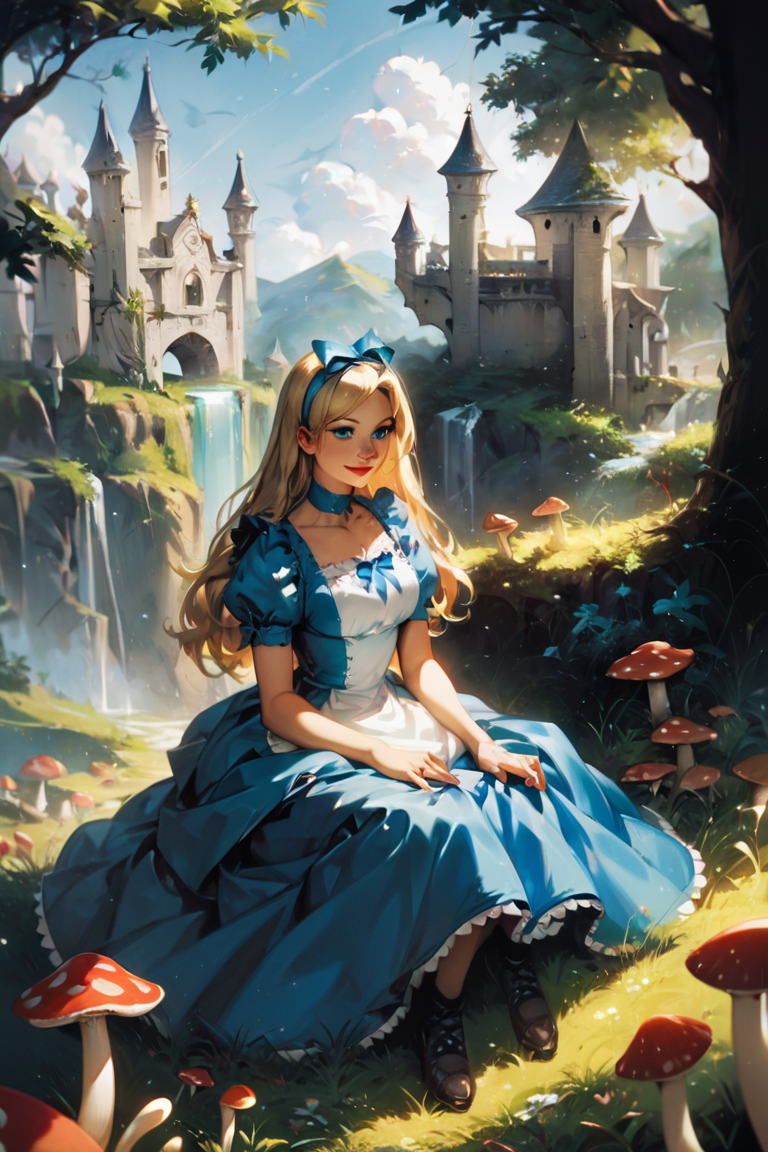 score_9, score_8_up, score_7_up, score_6_up, score_5_up, score_4_up, mushroom, 1girl, blue eyes, blonde hair, dress, alice (alice in wonderland), castle, long hair, solo, choker, grass, blue dress, outdoors, puffy sleeves, makeup, smile, sitting, day, red lips <lora:Anime Summer Days Style SDXL_LoRA_Pony Diffusion V6 XL:1>